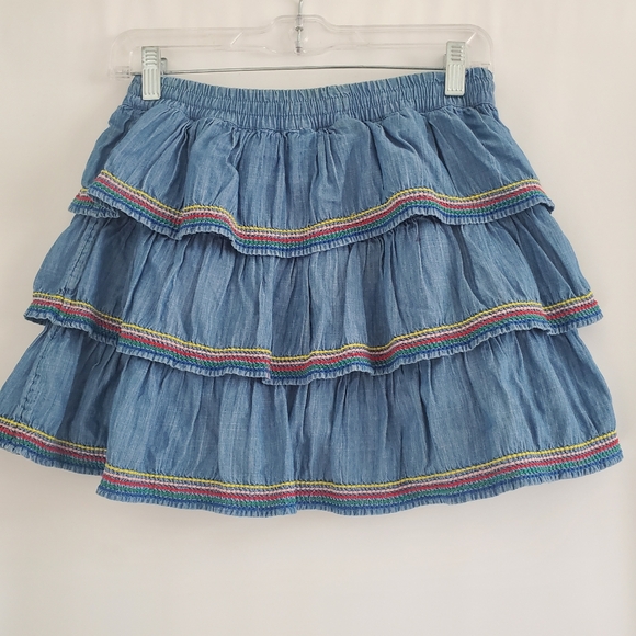 Mini Boden Youth Size 13-14 tiered ruffle denim skort with colorful trim - Picture 2 of 10